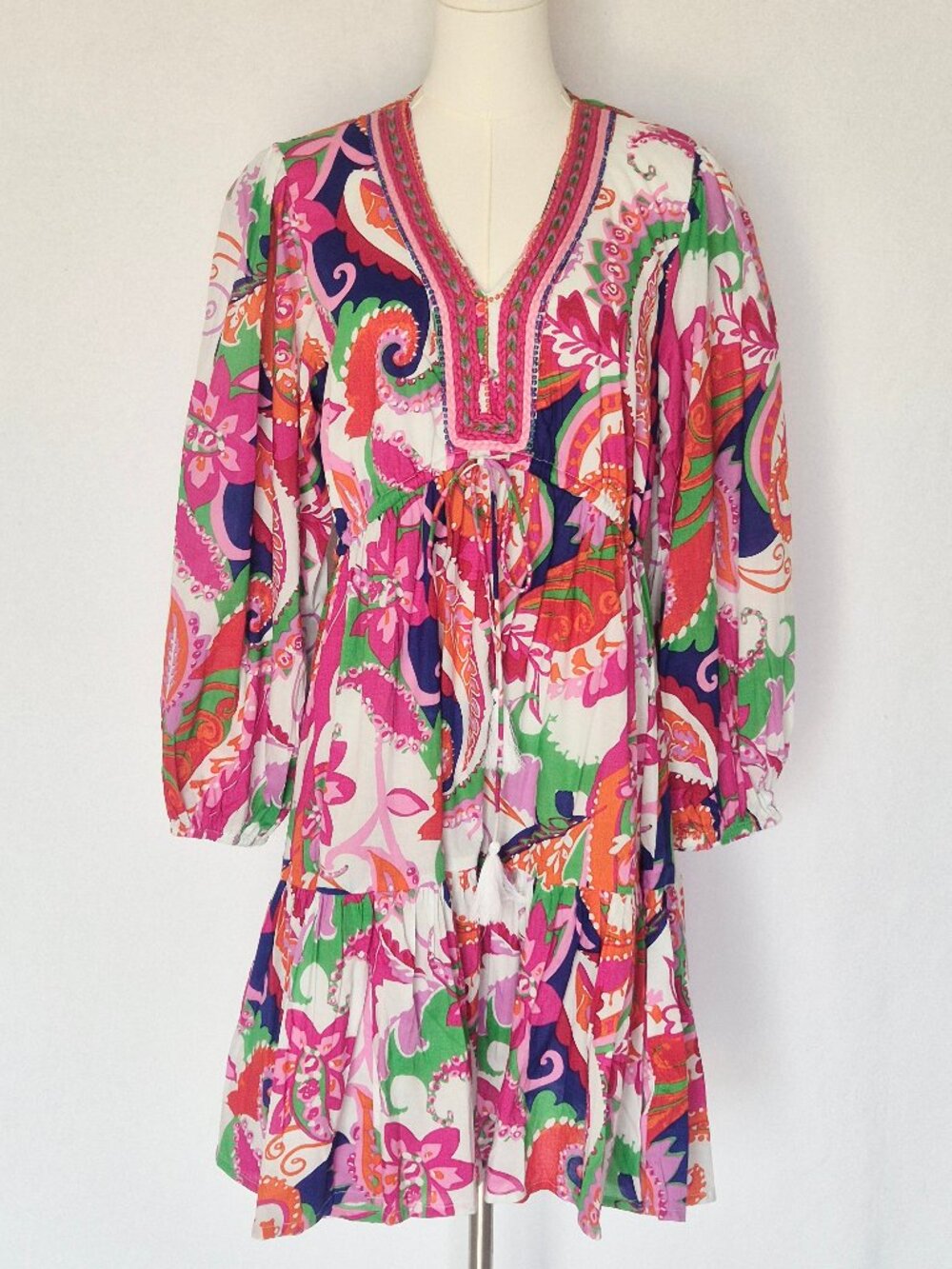 NEW Kaktus Beaded Floral Bohemain Tassel Tiered Mini Dress Long Puff Sleeve - Picture 2 of 14